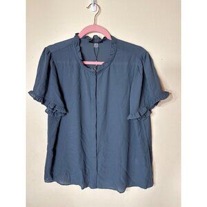 Tahari Womens Ruffle Short-Sleeve Blouse Large Deep Slate Blue 100% Polyester